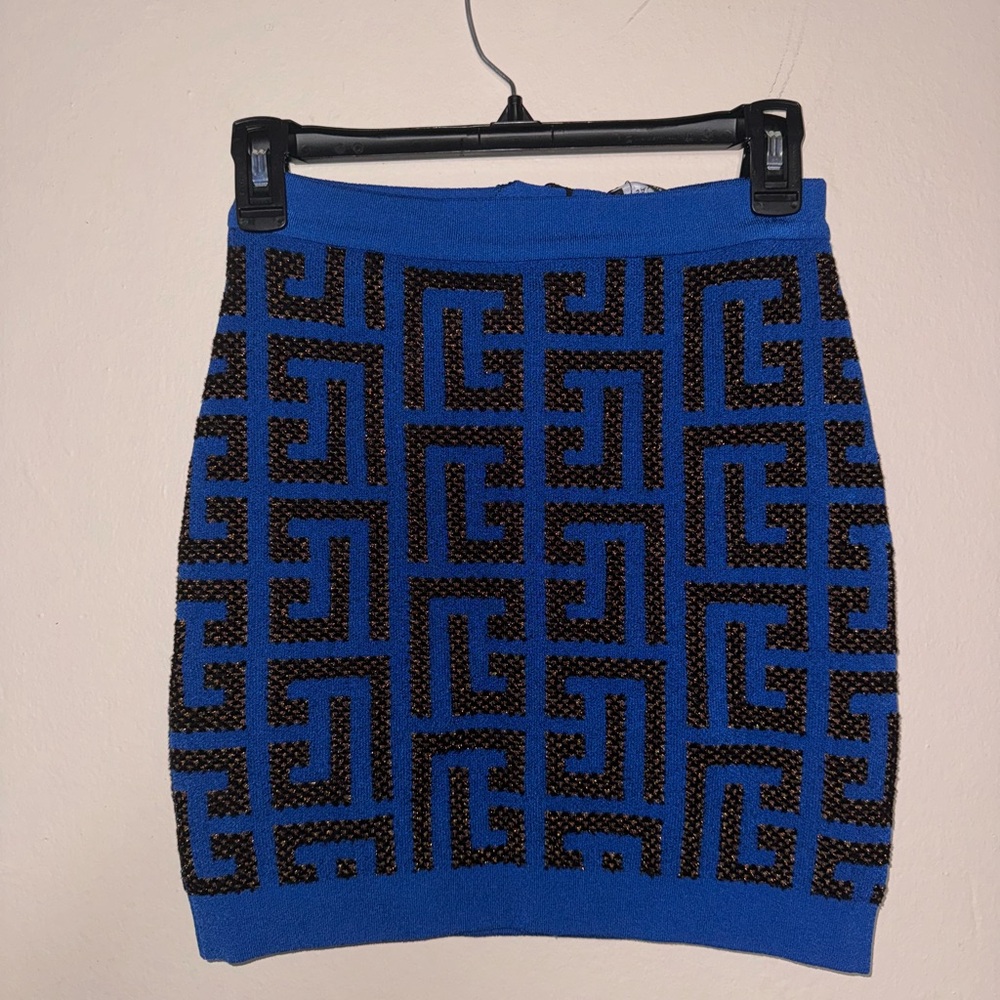 Balmain Blue and Black Geometric Knit Mini Skirt